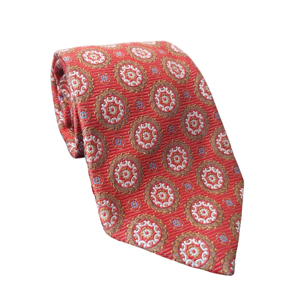Jos. A. Bank Necktie Mens Red Medallion Geometric Silk Classic Tie Made In Italy